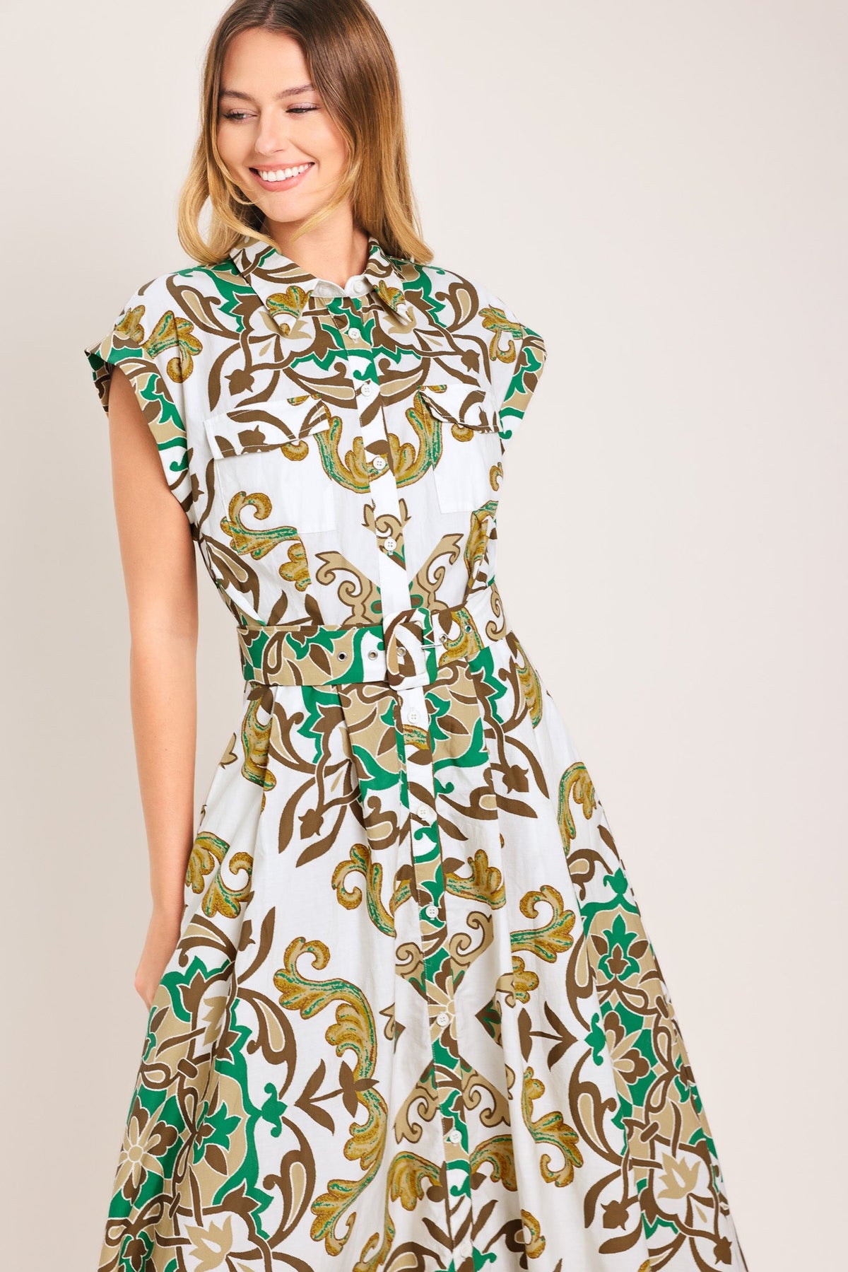 Emerald Ornate Midi Shirt Dress
