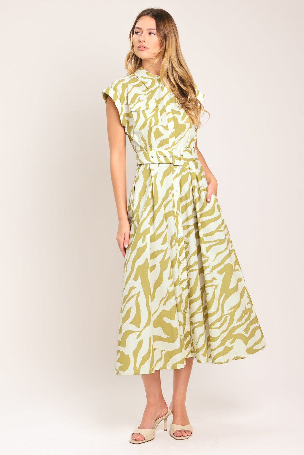 Soft Zebra Woven Midi Shirt Dress