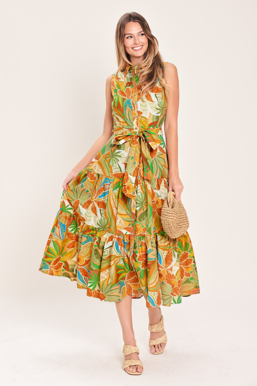 Tropical Bloom Tiered Midi Shirt Dress