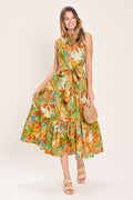 Tropical Bloom Tiered Midi Shirt Dress