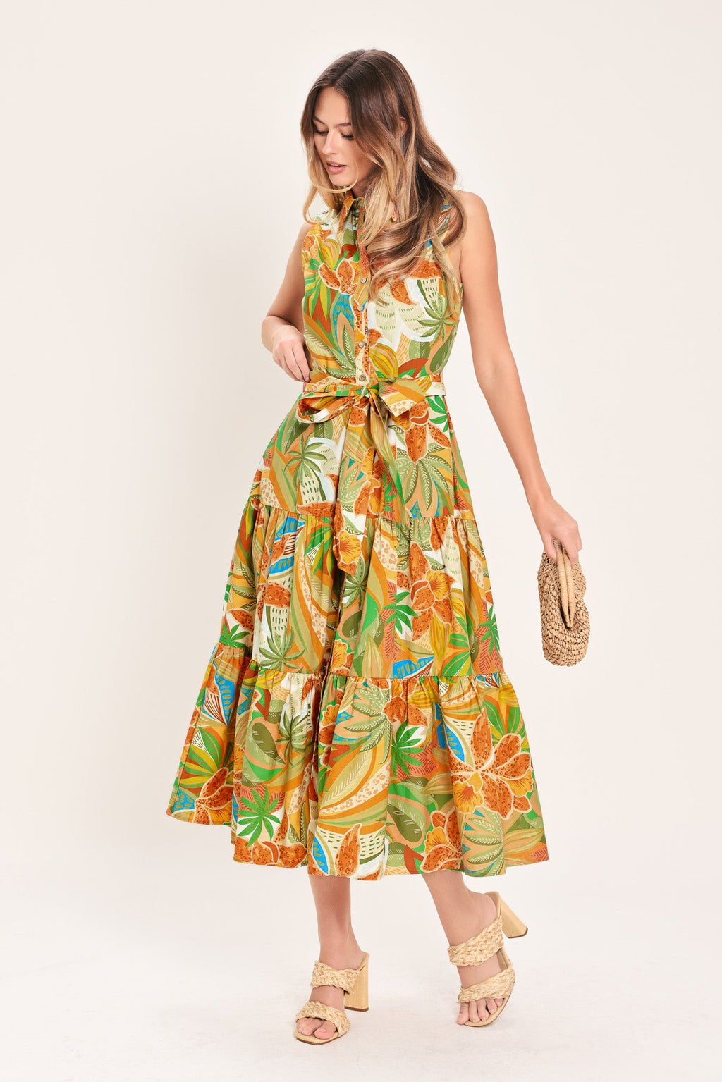 Tropical Bloom Tiered Midi Shirt Dress