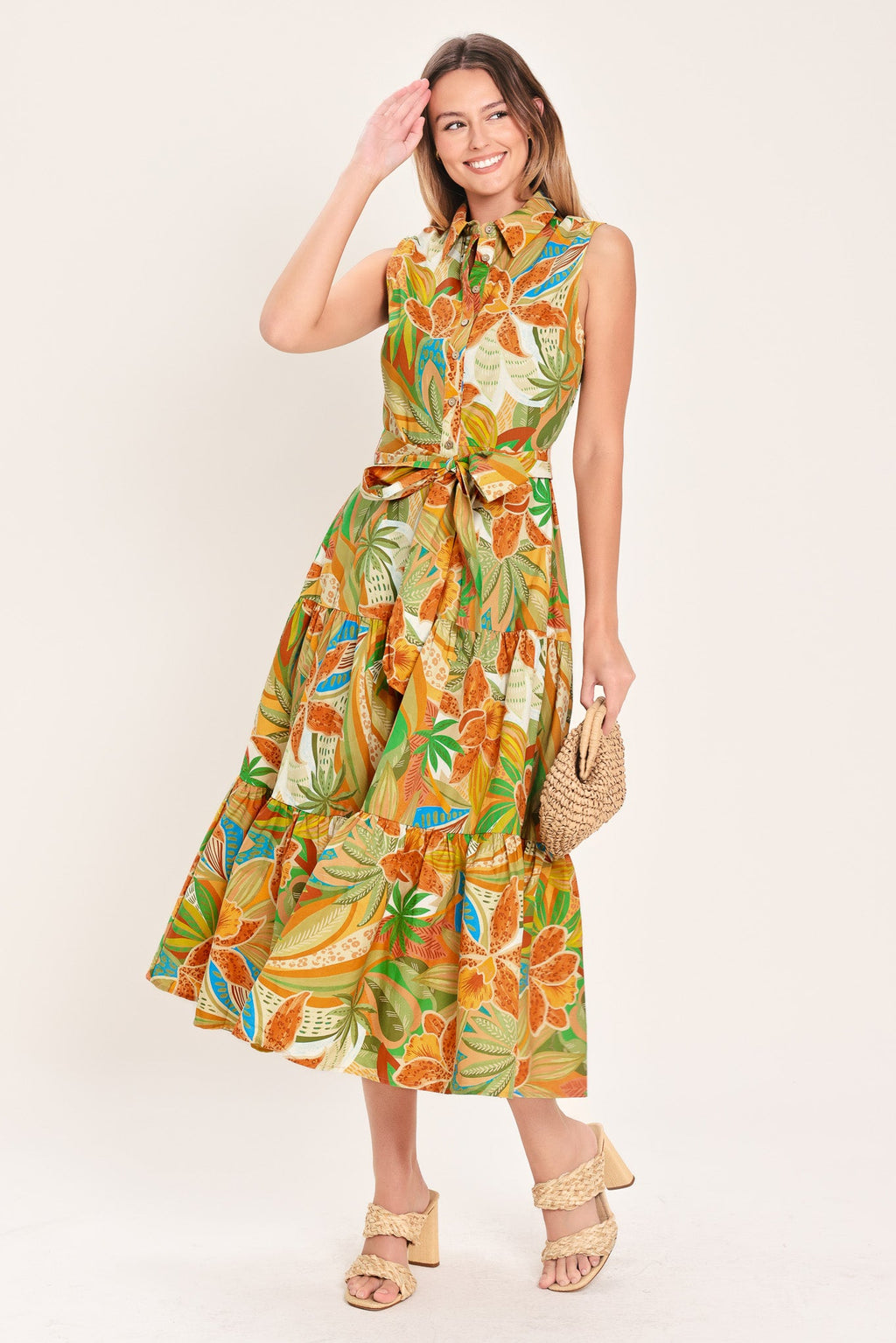 Tropical Bloom Tiered Midi Shirt Dress