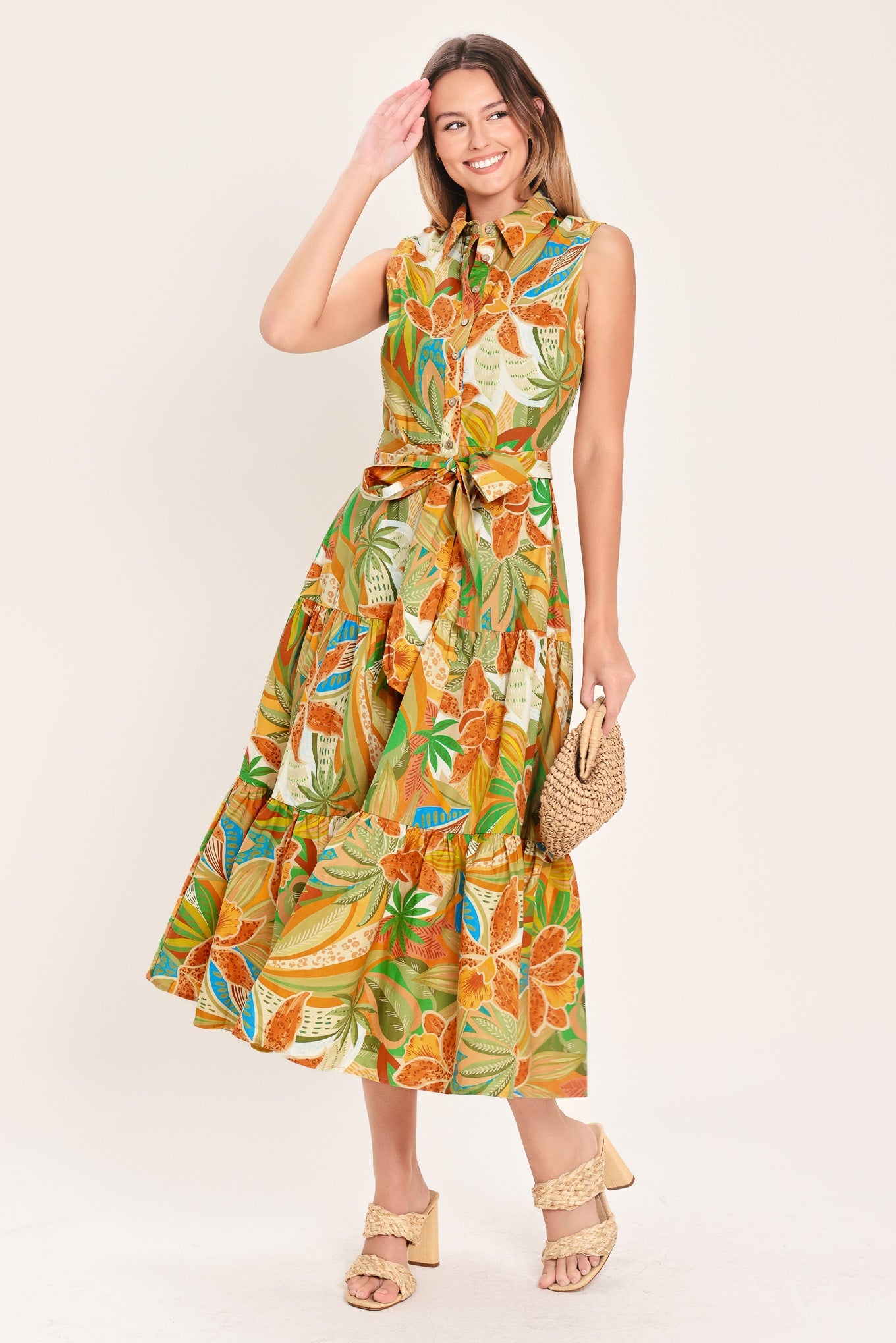 Tropical Bloom Tiered Midi Shirt Dress