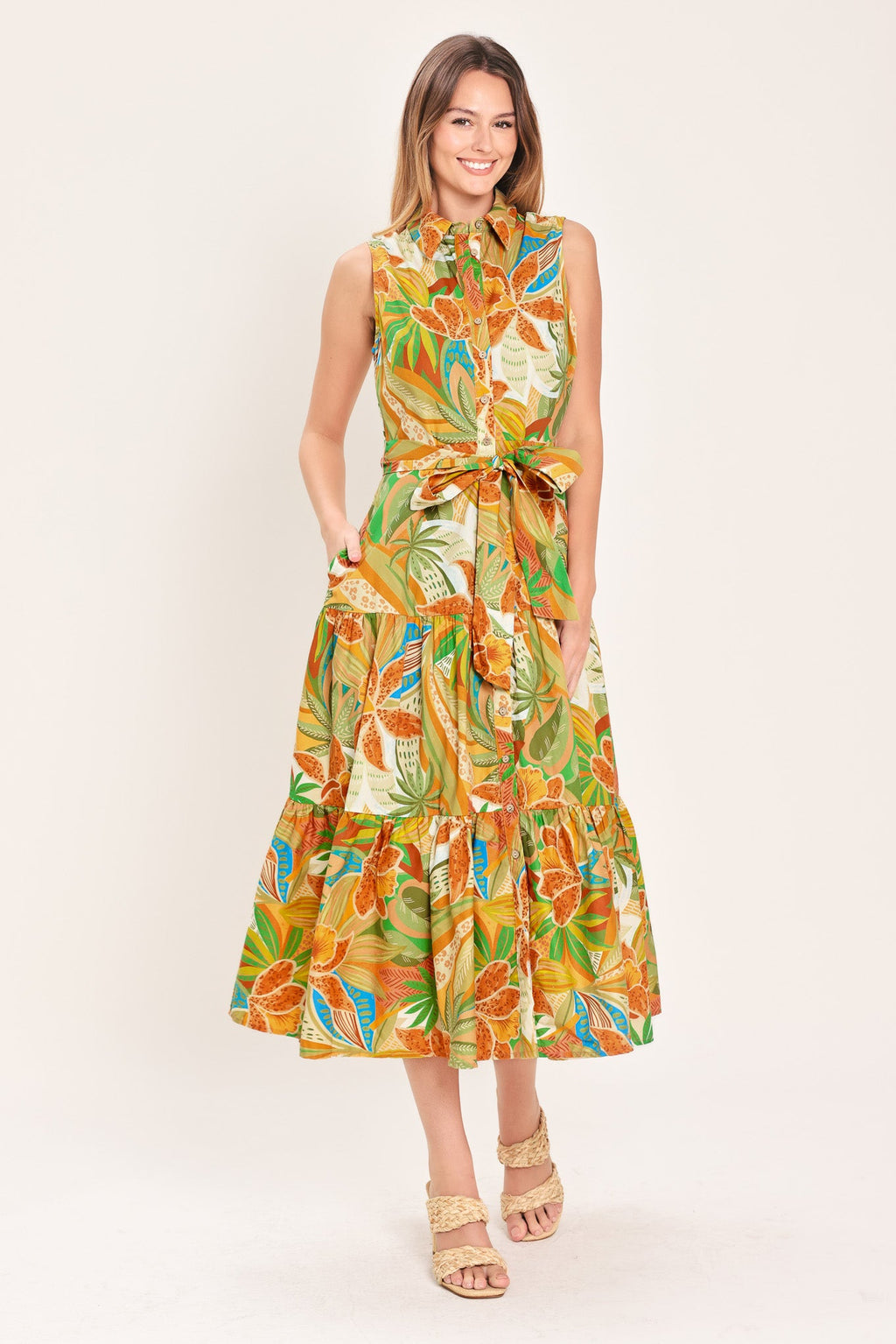 Tropical Bloom Tiered Midi Shirt Dress