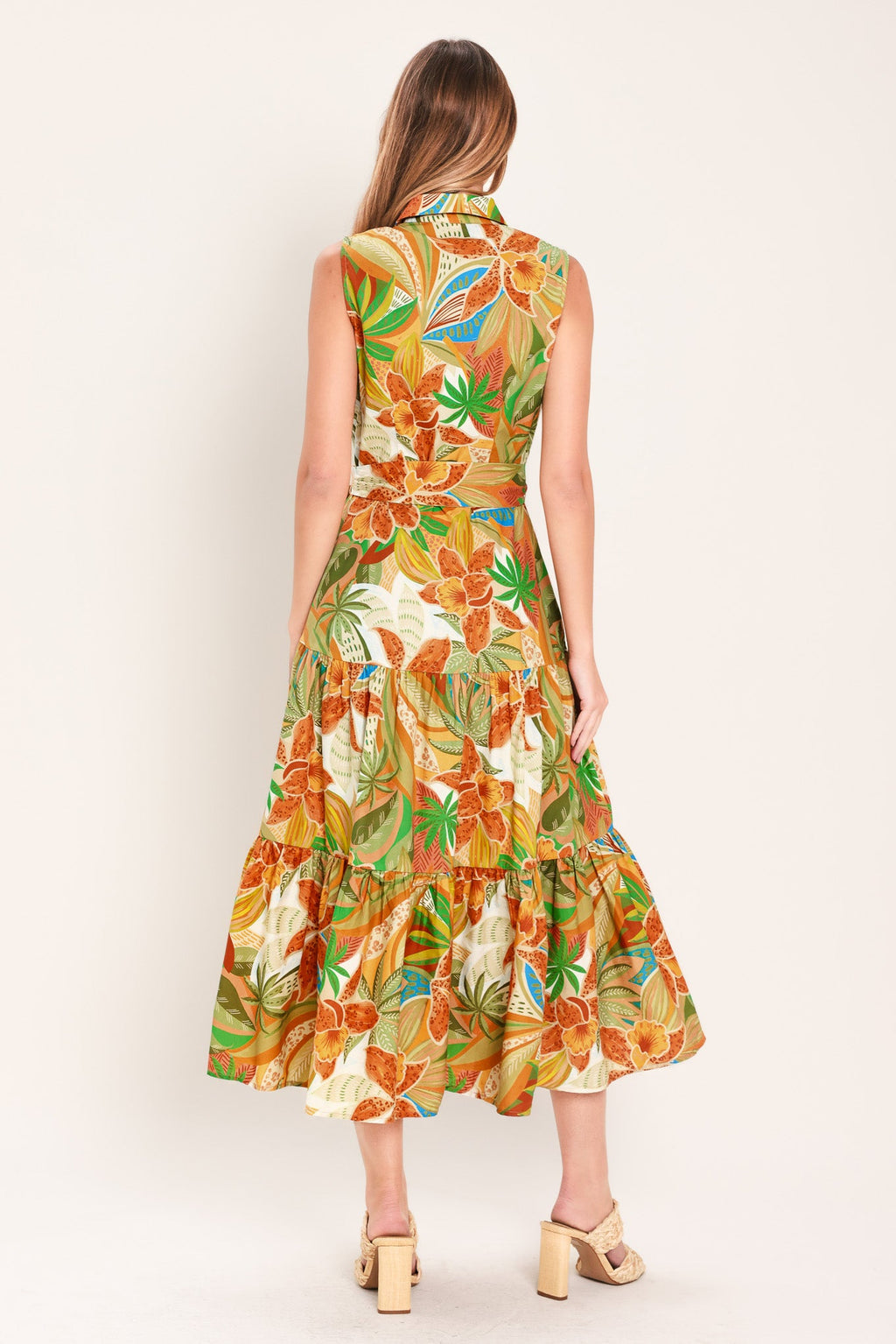 Tropical Bloom Tiered Midi Shirt Dress