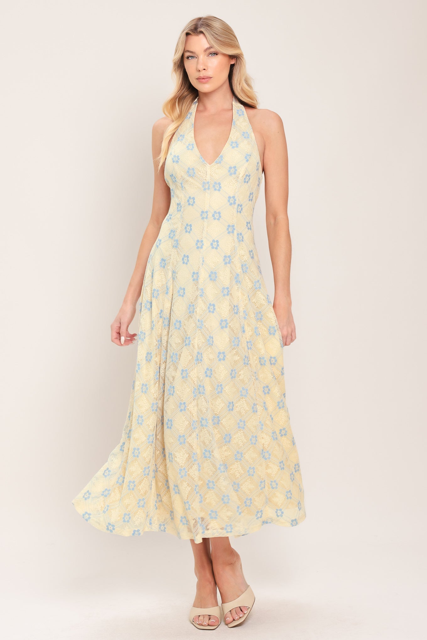 Delicate Bloom Halter Woven Lace Midi Dress