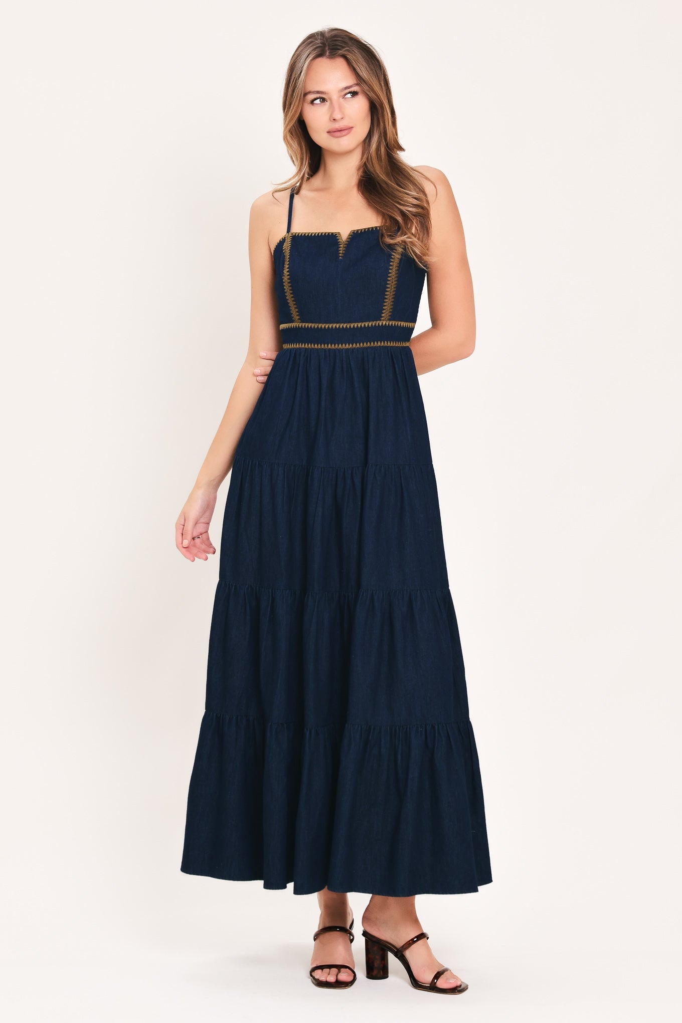 Stars Along the Seam Denim Maxi Dress