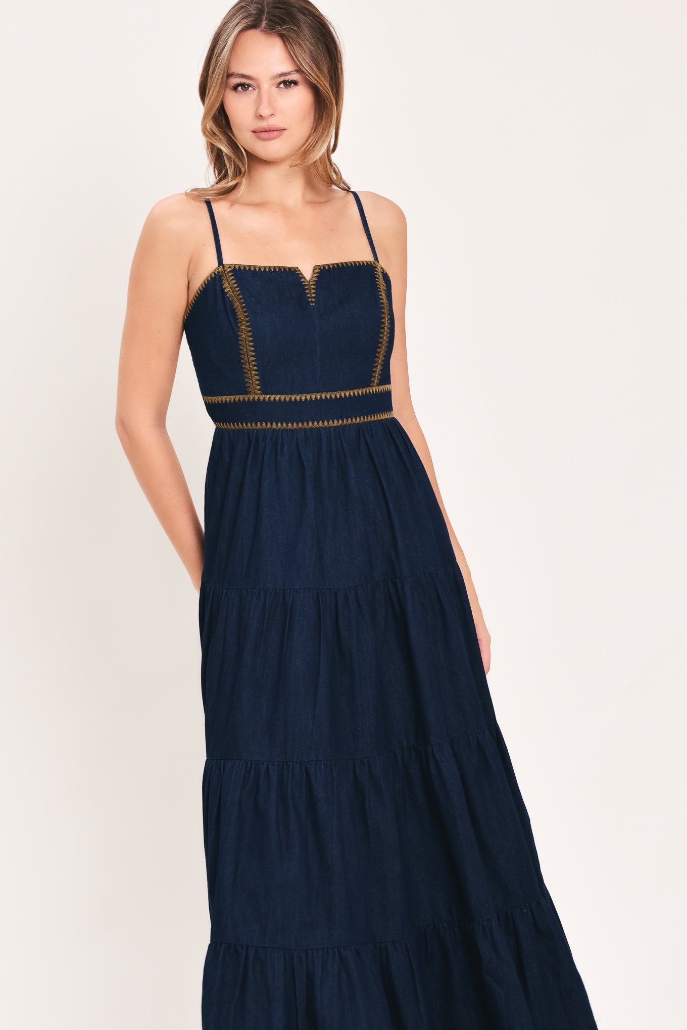 Stars Along the Seam Denim Maxi Dress