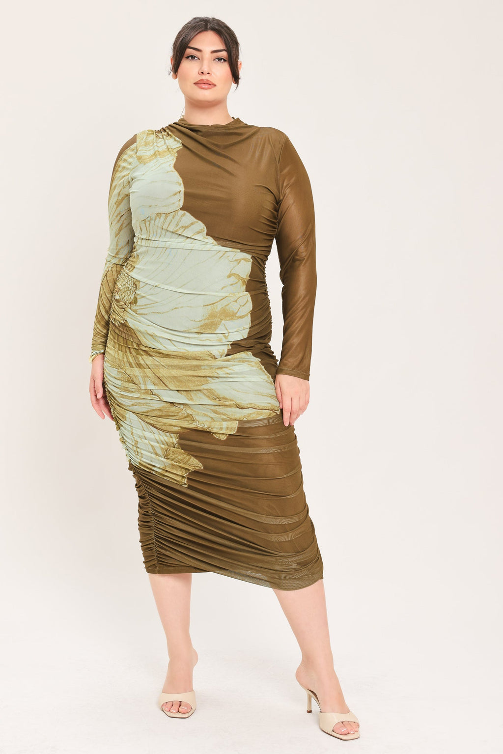Brown Blossom Contour Power Mesh Midi Dress