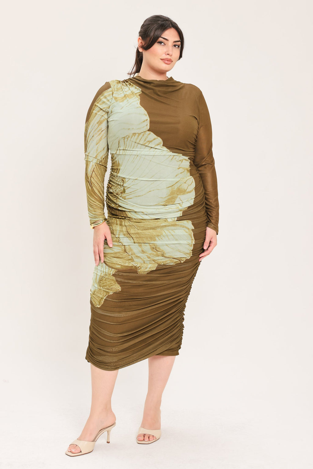 Brown Blossom Contour Power Mesh Midi Dress
