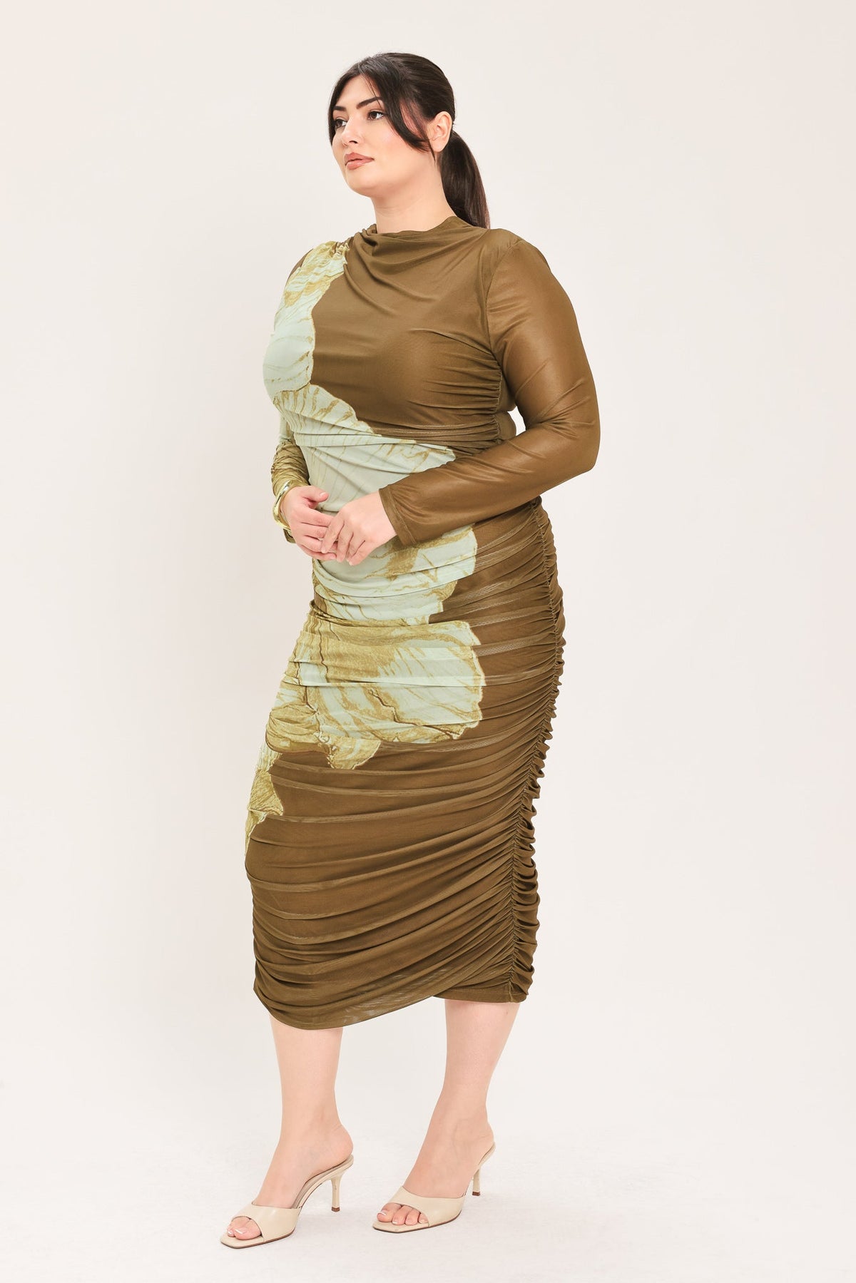 Brown Blossom Contour Power Mesh Midi Dress