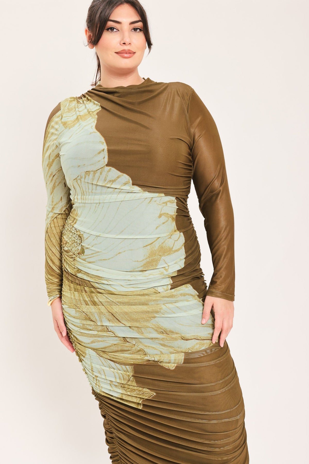 Brown Blossom Contour Power Mesh Midi Dress
