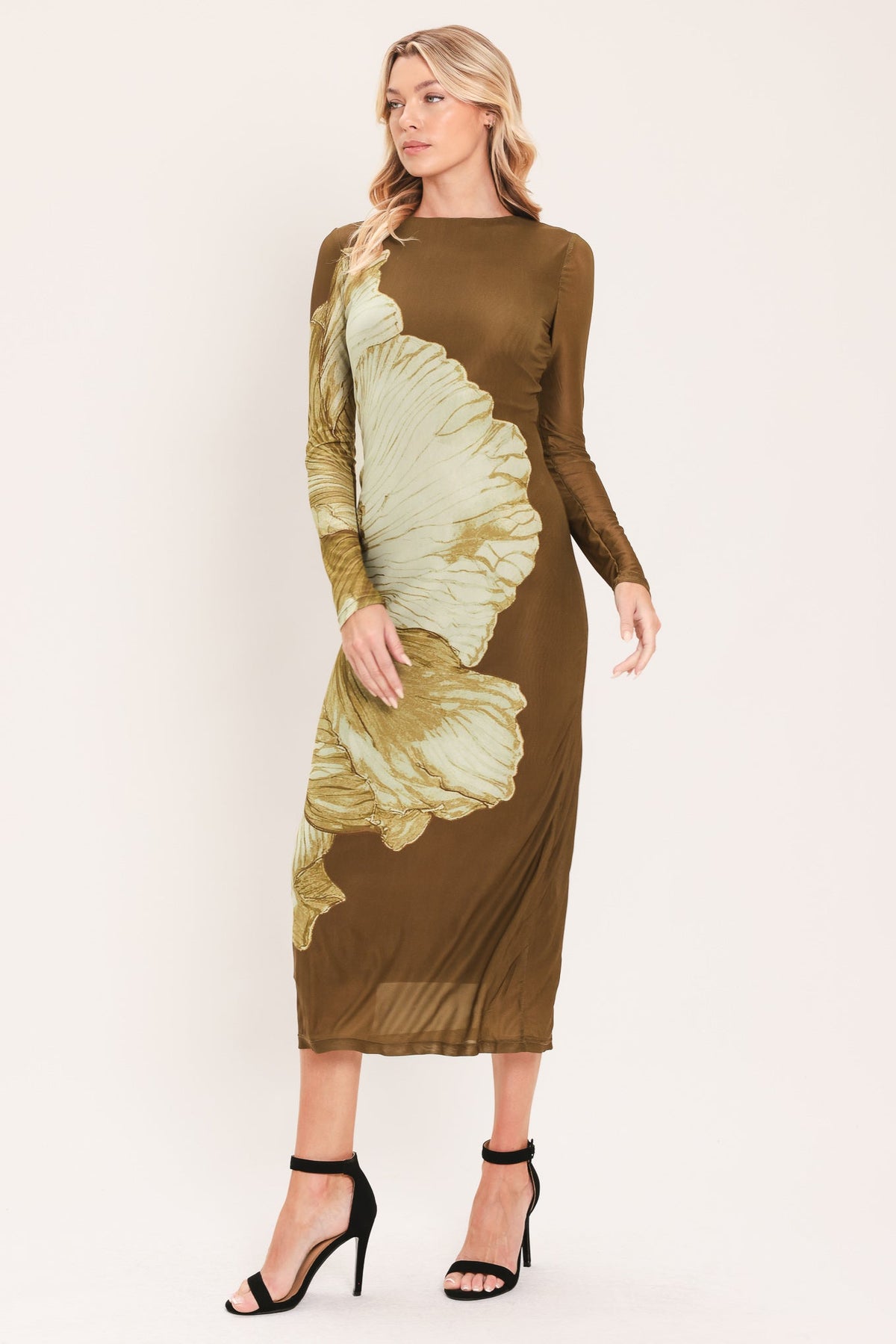 Brown Blossom Contour Power Mesh Midi Dress