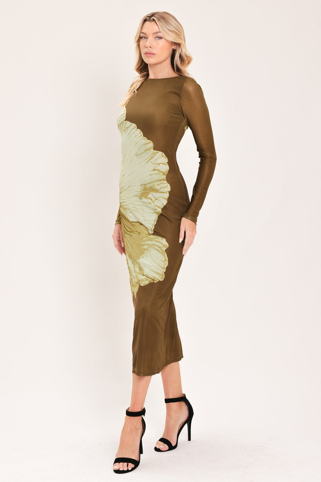 Brown Blossom Contour Power Mesh Midi Dress
