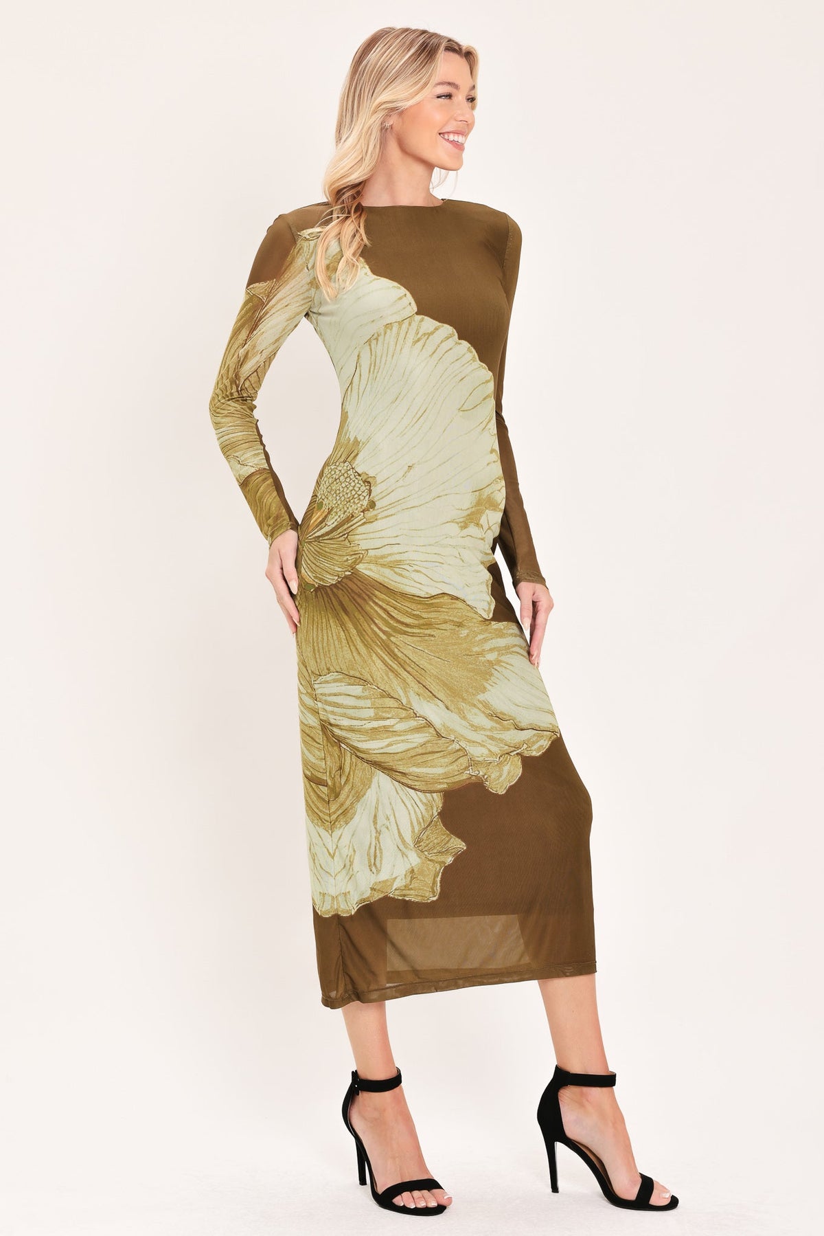 Brown Blossom Contour Power Mesh Midi Dress
