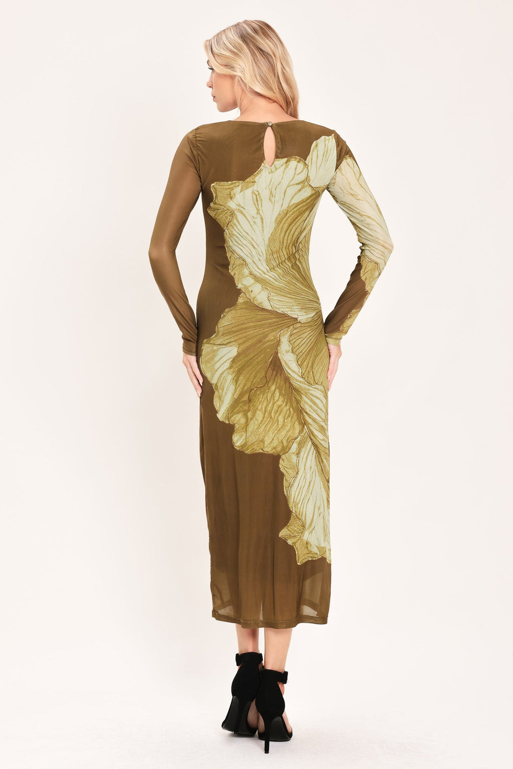 Brown Blossom Contour Power Mesh Midi Dress