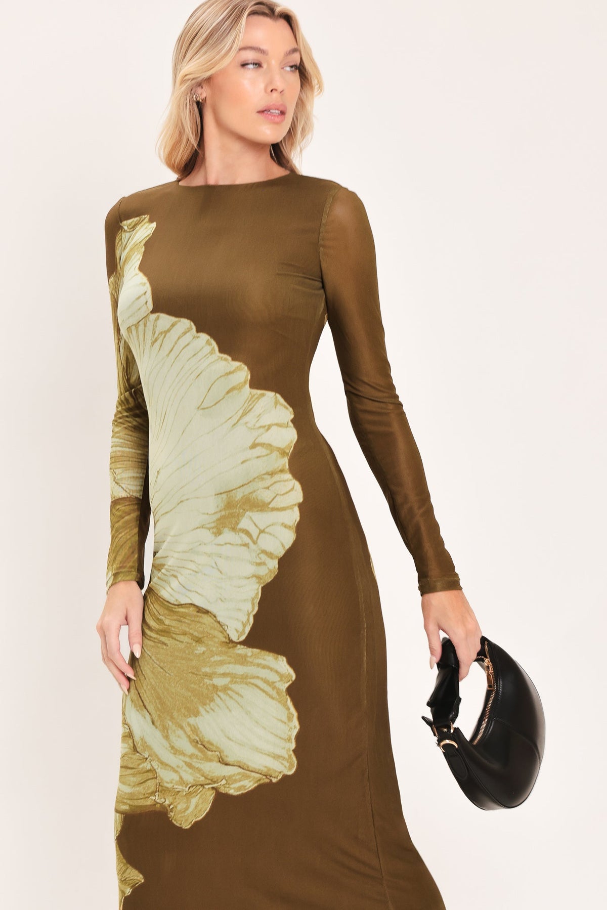 Brown Blossom Contour Power Mesh Midi Dress