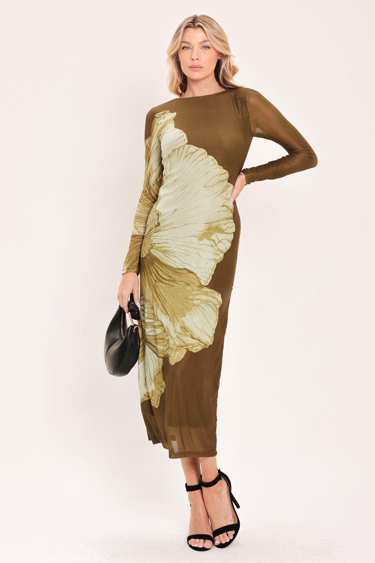Brown Blossom Contour Power Mesh Midi Dress