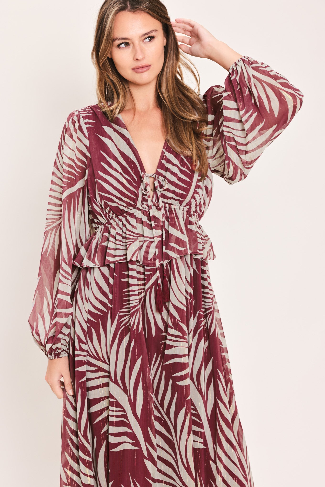 Merlot Leaves in Motion Maxi Dress