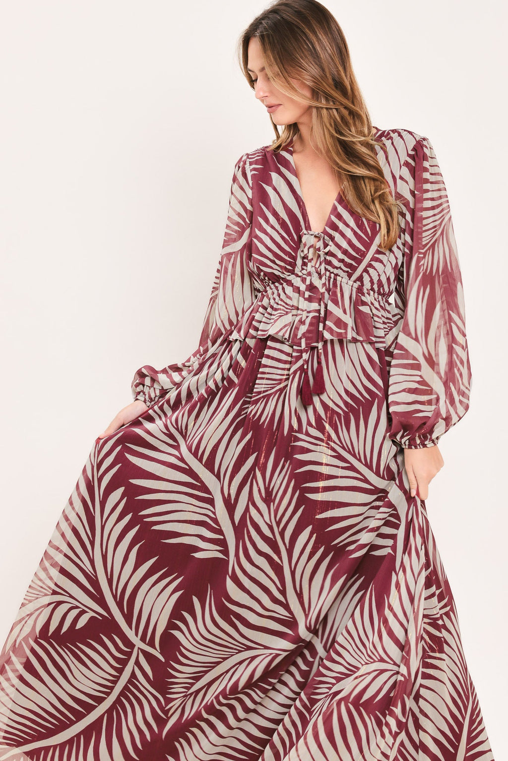Merlot Leaves in Motion Maxi Dress
