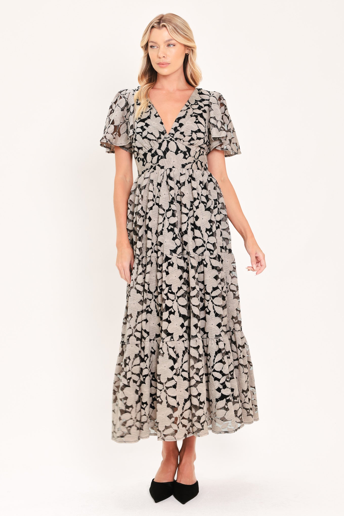 Ashen Floral Majesty Lace Midi Dress
