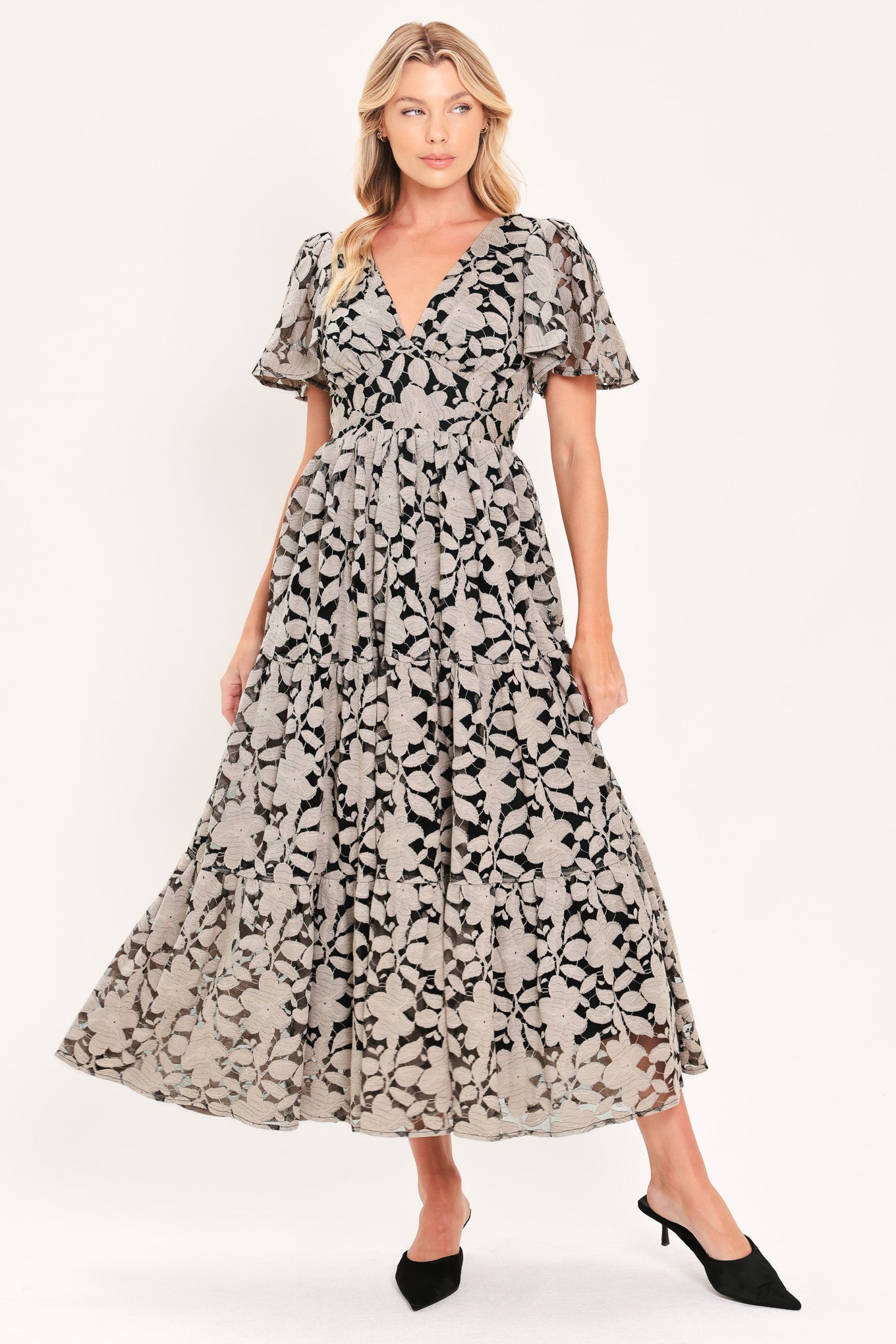 Ashen Floral Majesty Lace Midi Dress