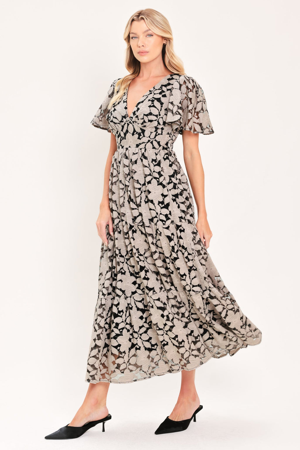 Ashen Floral Majesty Lace Midi Dress