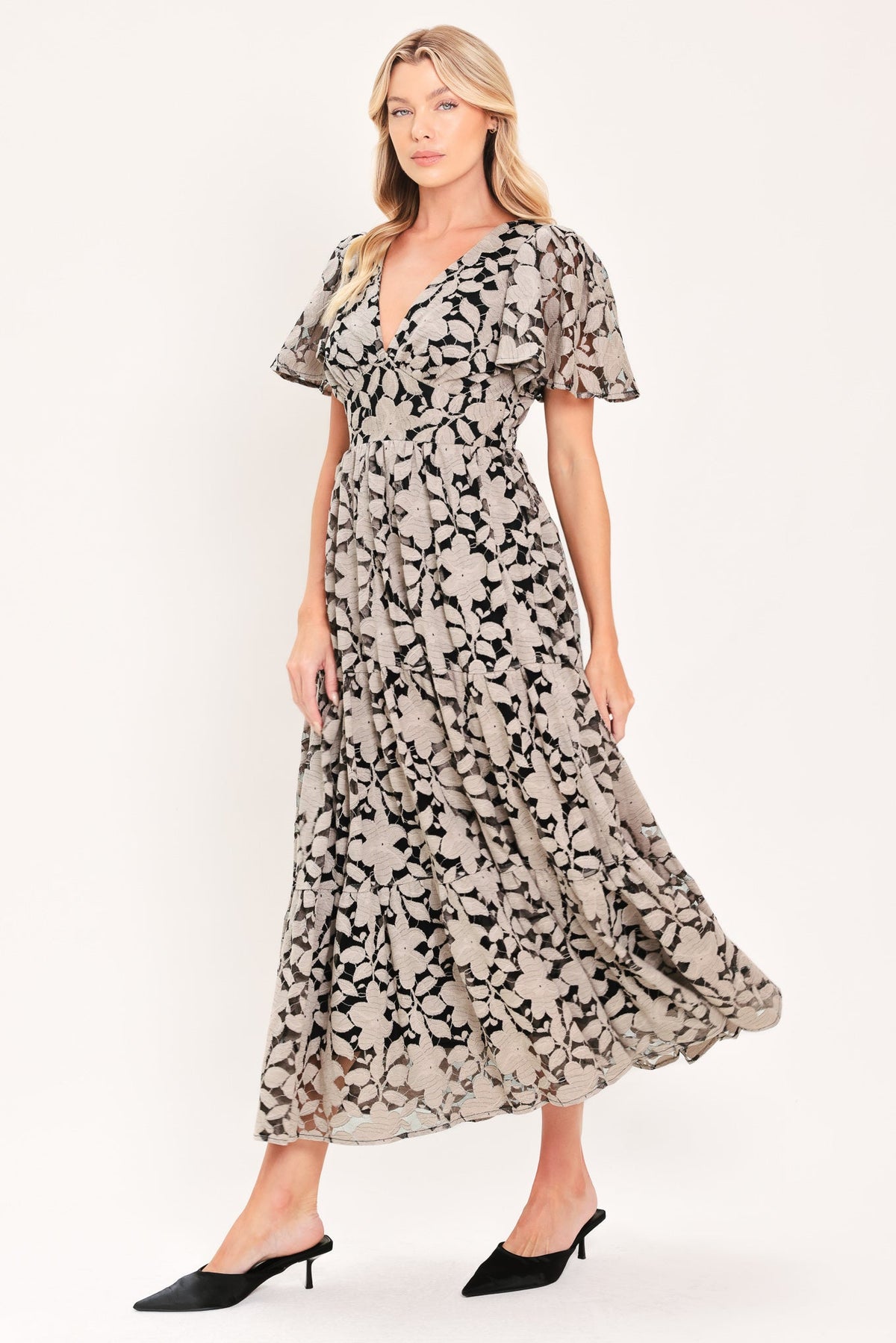 Ashen Floral Majesty Lace Midi Dress