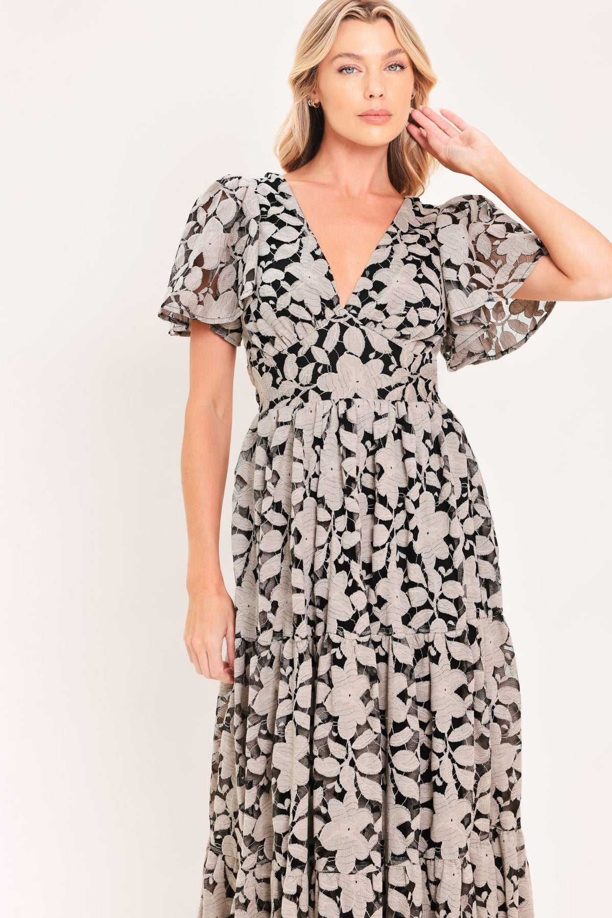 Ashen Floral Majesty Lace Midi Dress