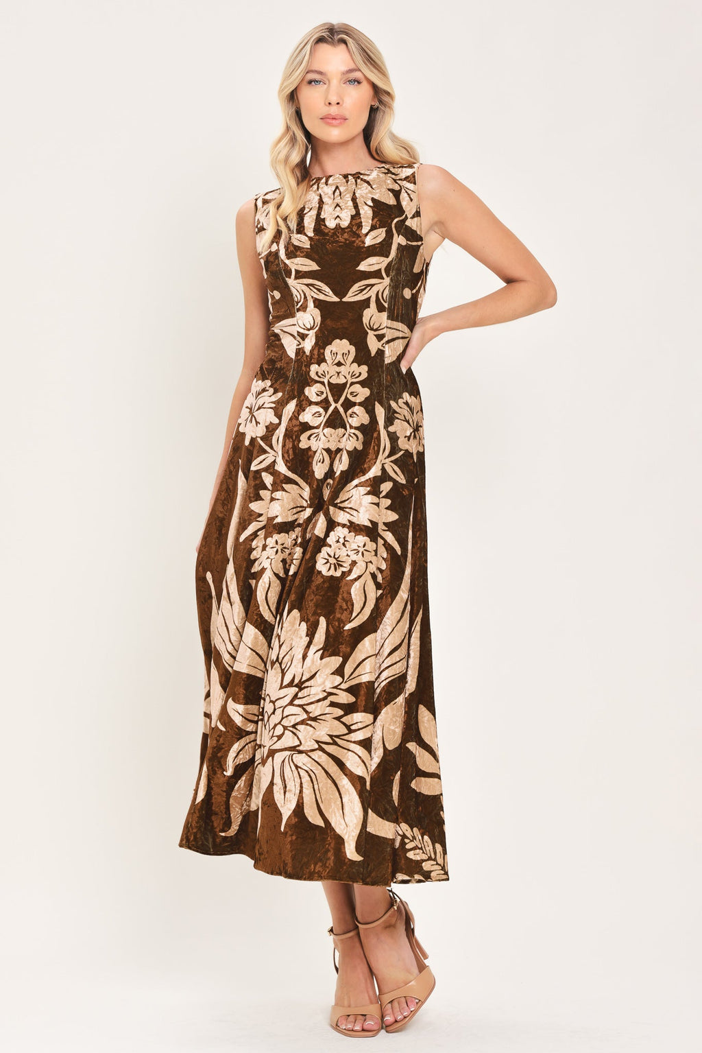 Cocoa Bloom Printed Velvet Circle-Skirt Midi Dress