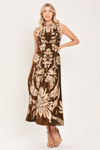 Cocoa Bloom Printed Velvet Circle-Skirt Midi Dress