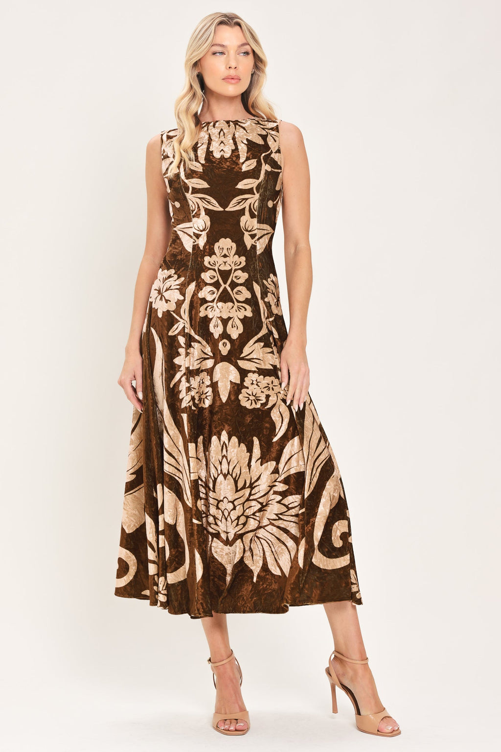 Cocoa Bloom Printed Velvet Circle-Skirt Midi Dress