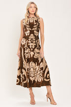 Cocoa Bloom Printed Velvet Circle-Skirt Midi Dress