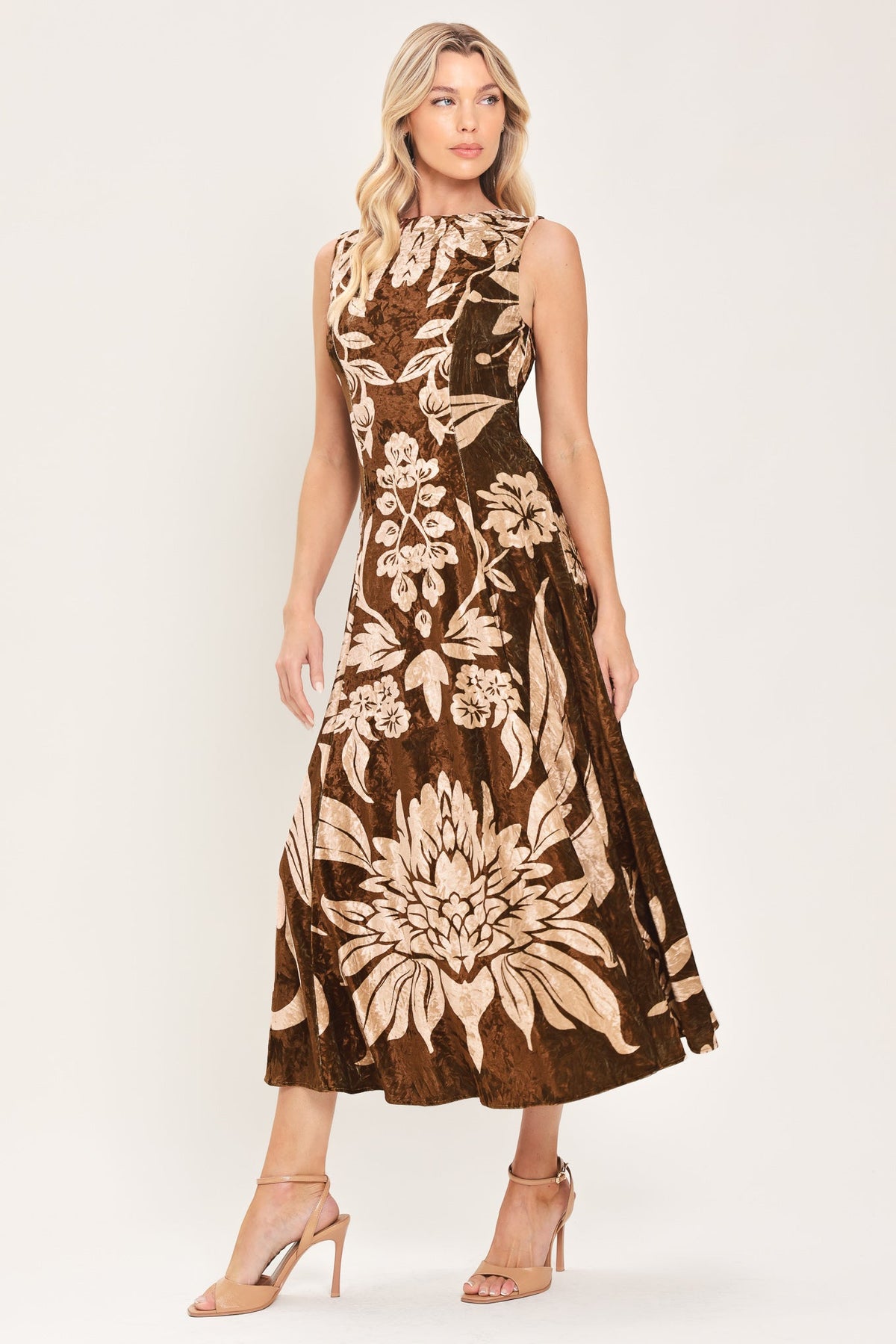 Cocoa Bloom Printed Velvet Circle-Skirt Midi Dress