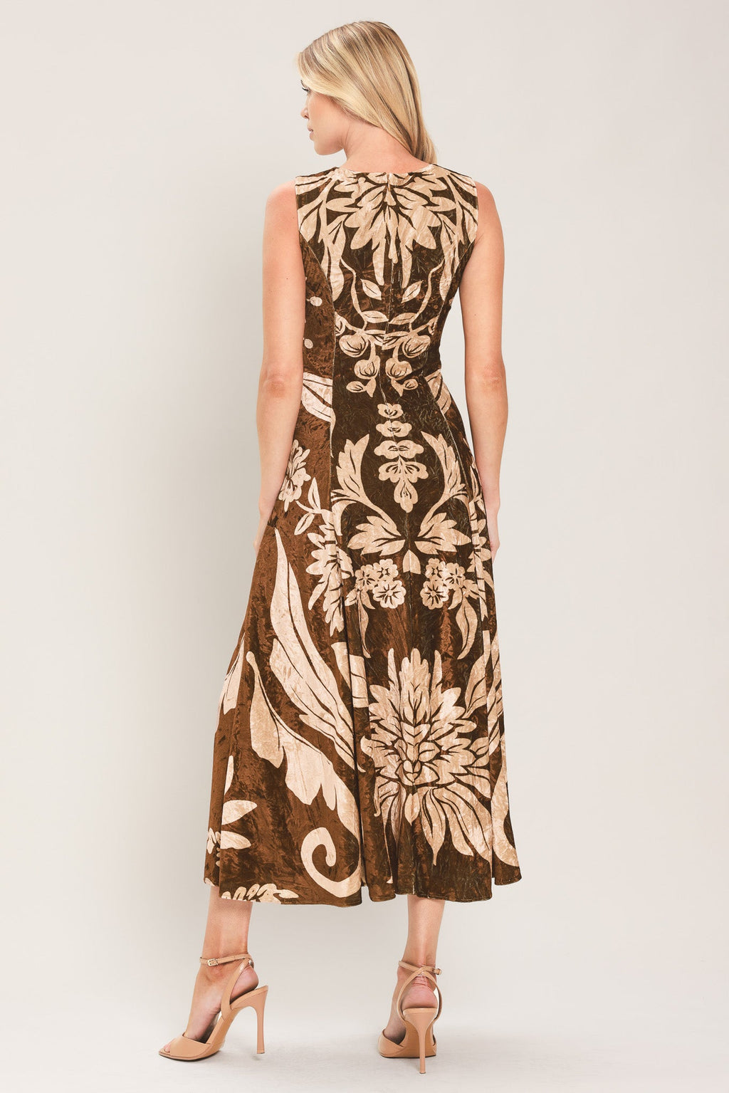 Cocoa Bloom Printed Velvet Circle-Skirt Midi Dress
