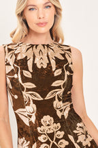Cocoa Bloom Printed Velvet Circle-Skirt Midi Dress