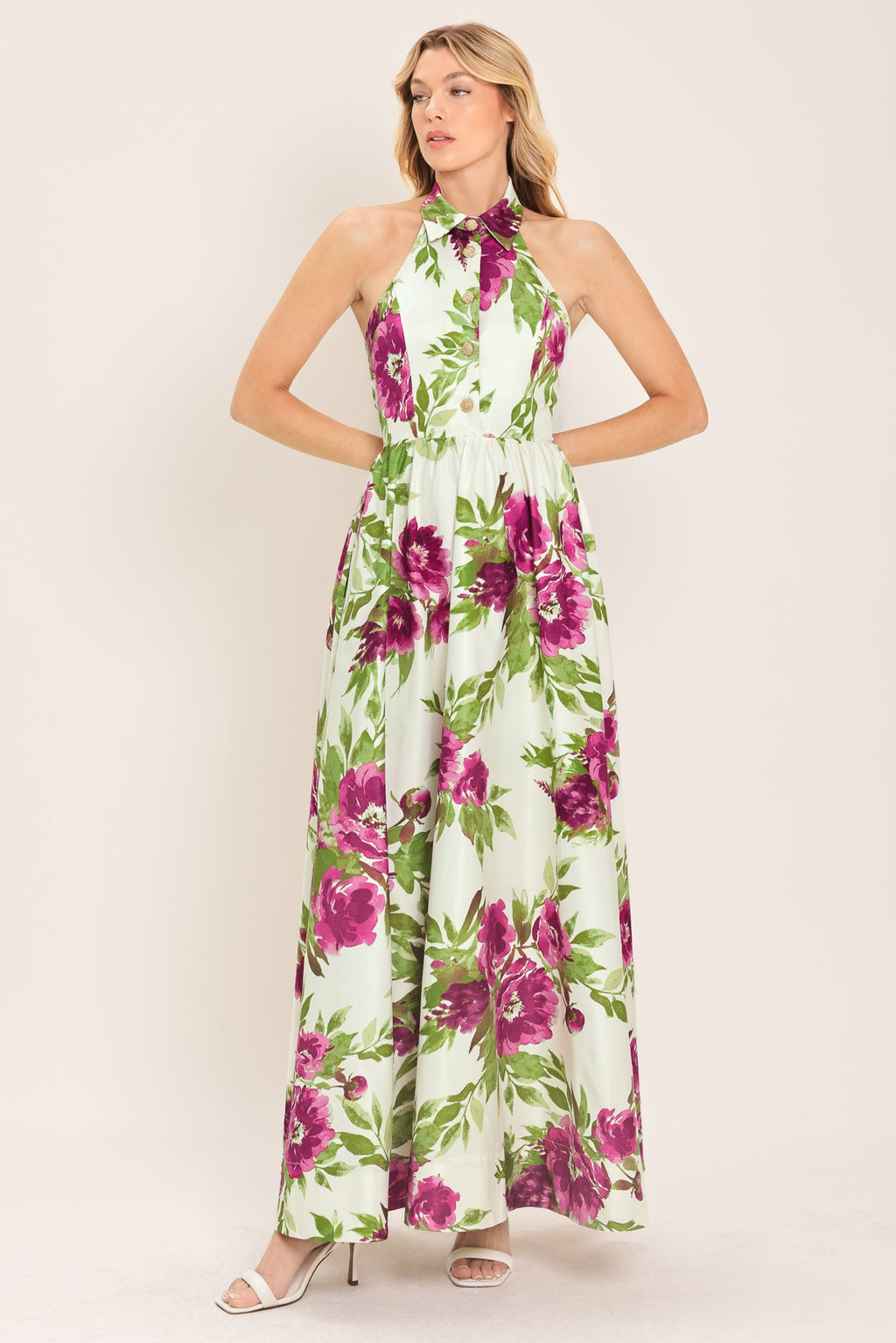 Fuchsia Rose Halter Maxi Dress