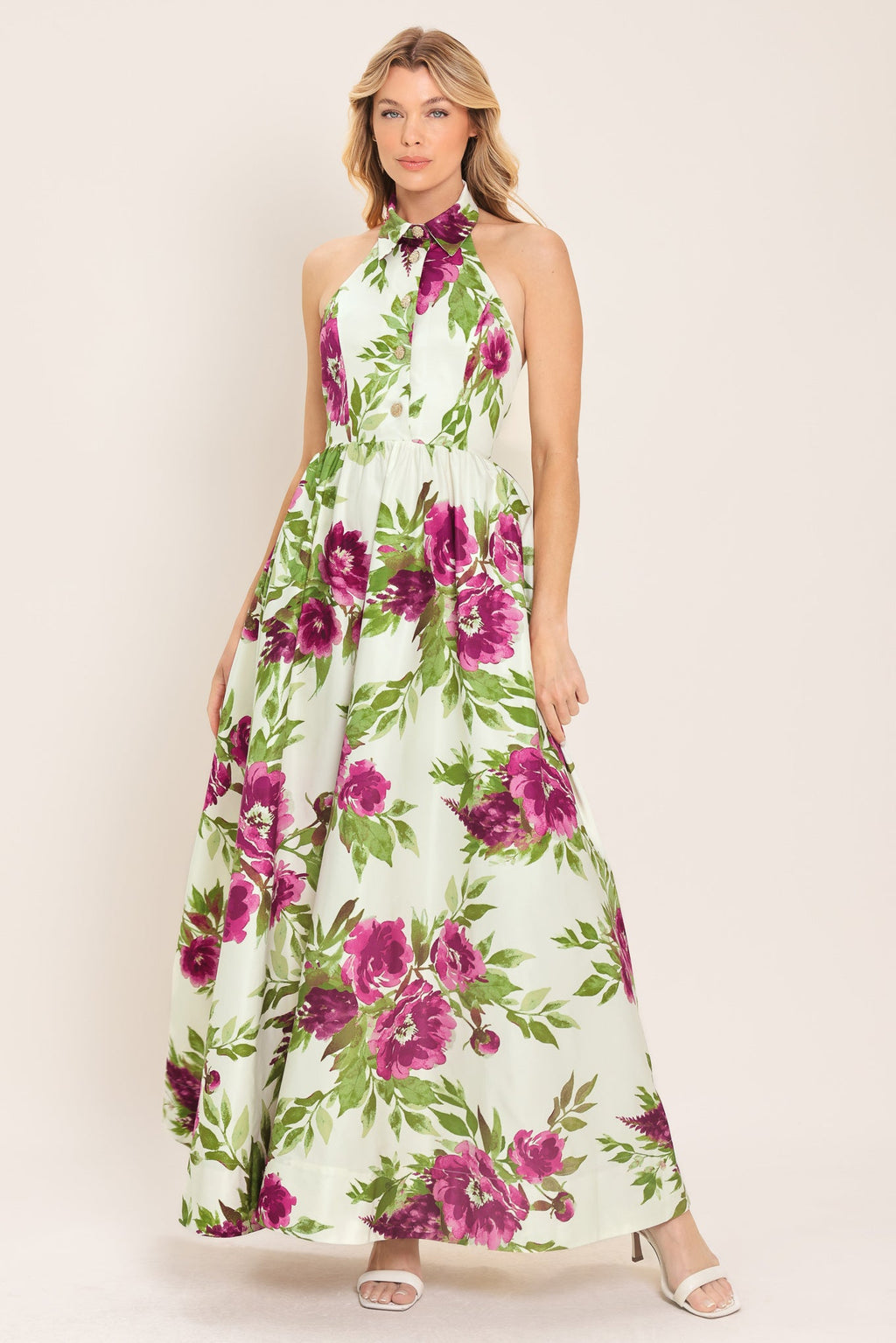 Fuchsia Rose Halter Maxi Dress