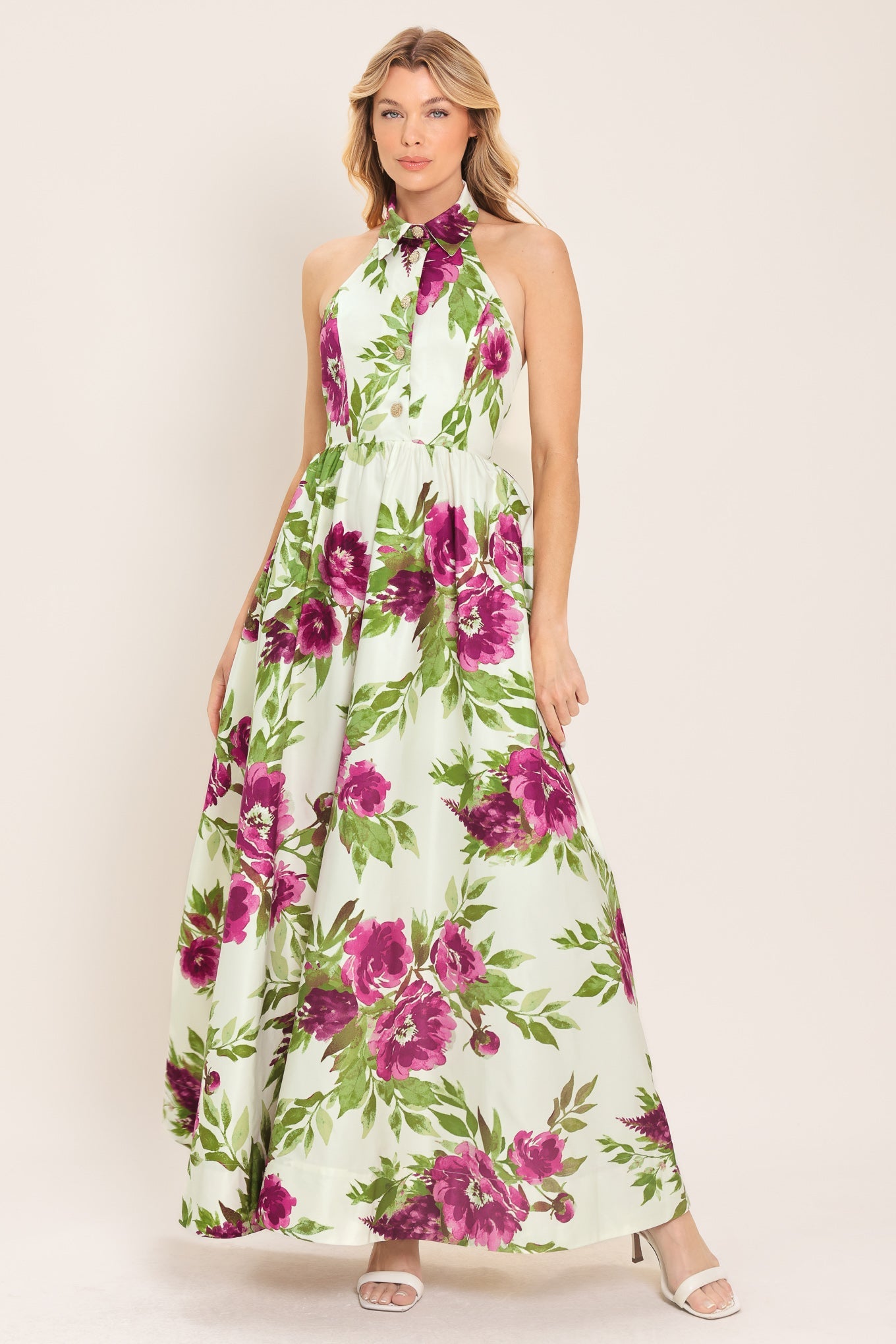 Fuchsia Rose Halter Maxi Dress