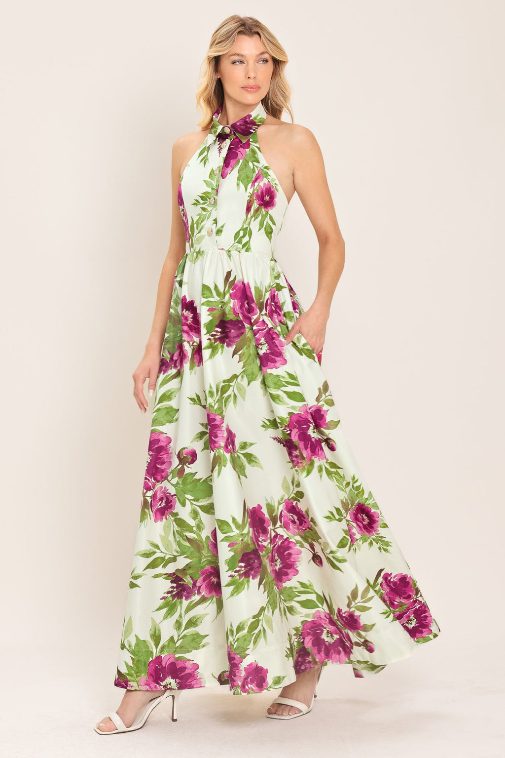 Fuchsia Rose Halter Maxi Dress