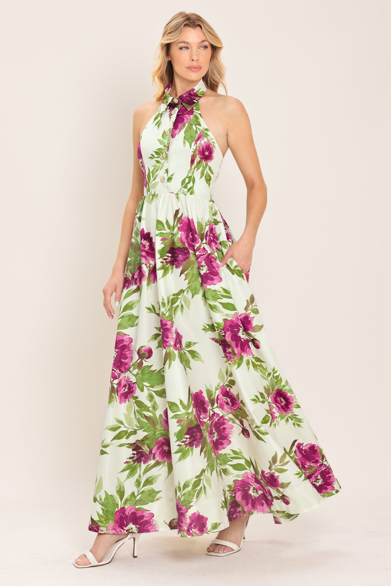 Fuchsia Rose Halter Maxi Dress