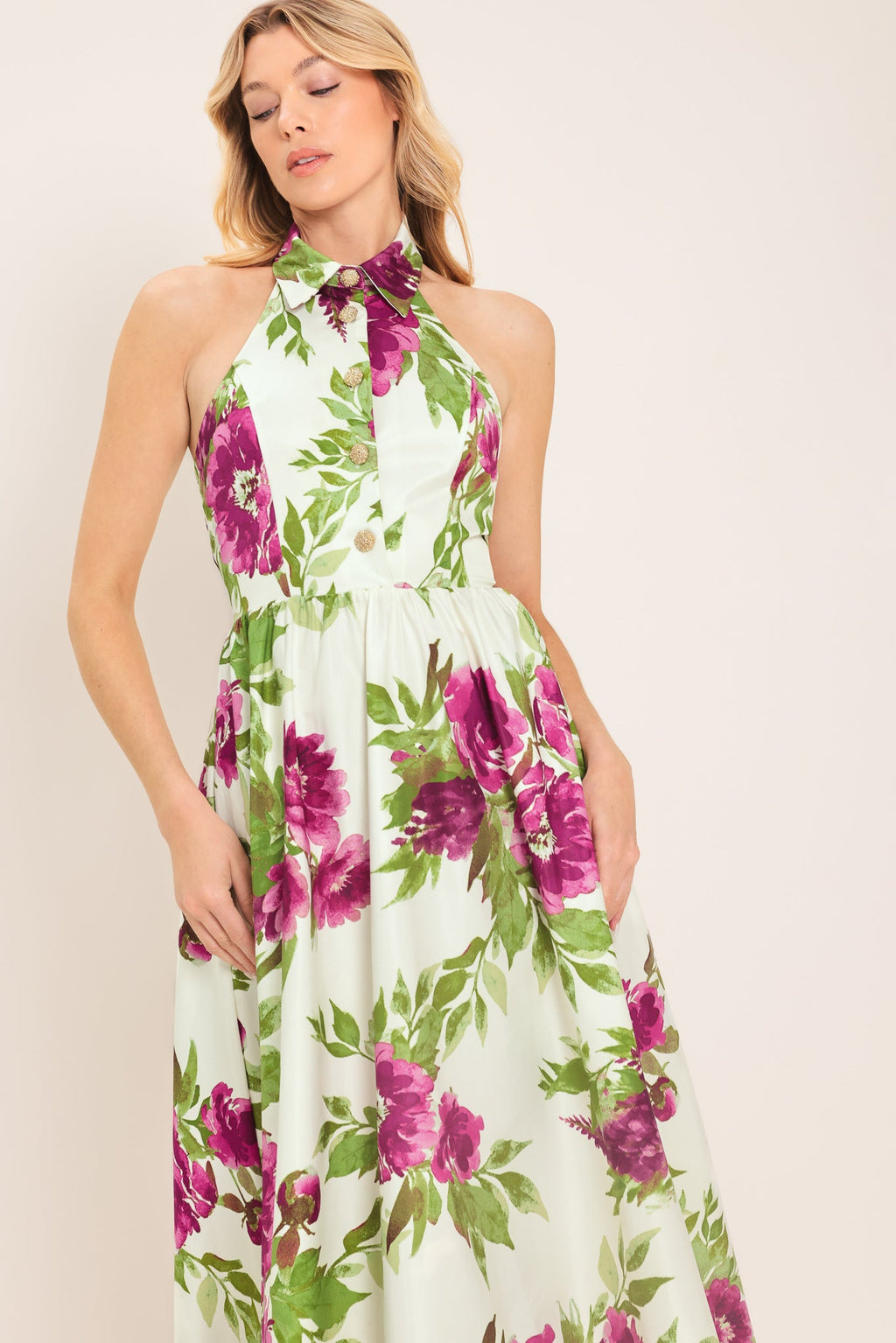 Fuchsia Rose Halter Maxi Dress