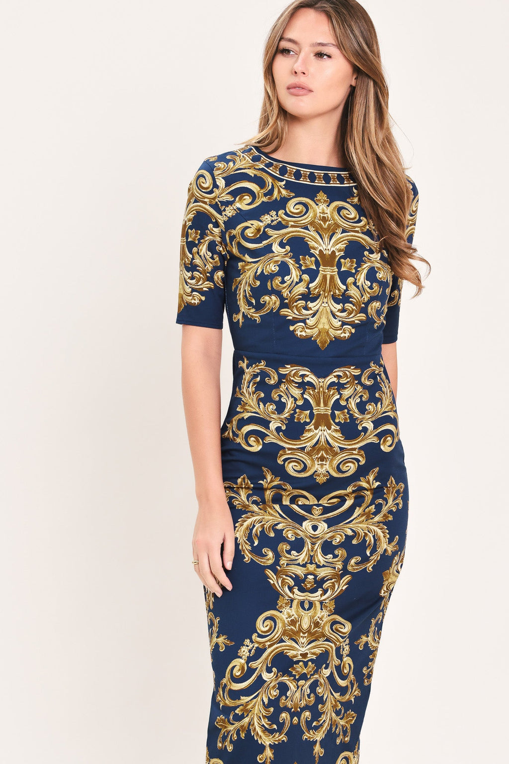 Noble Golden Flourish Midi Dress
