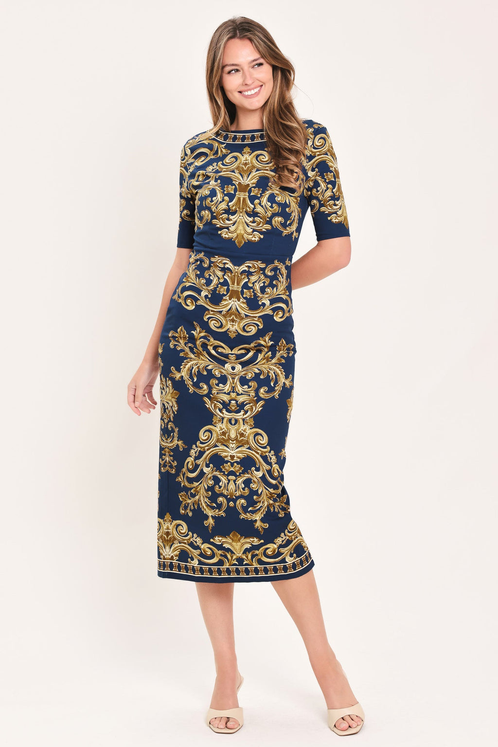 Noble Golden Flourish Midi Dress