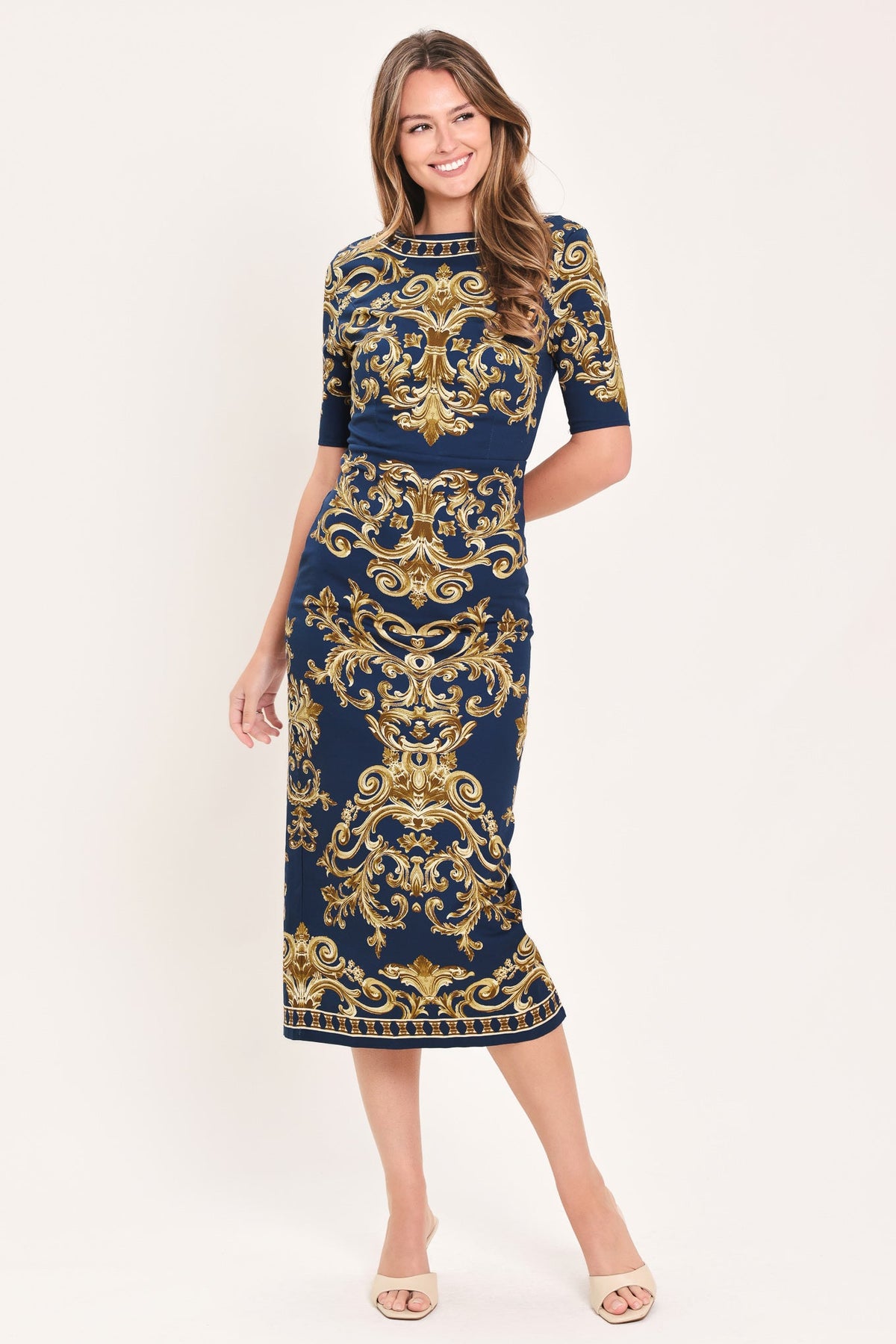 Noble Golden Flourish Midi Dress