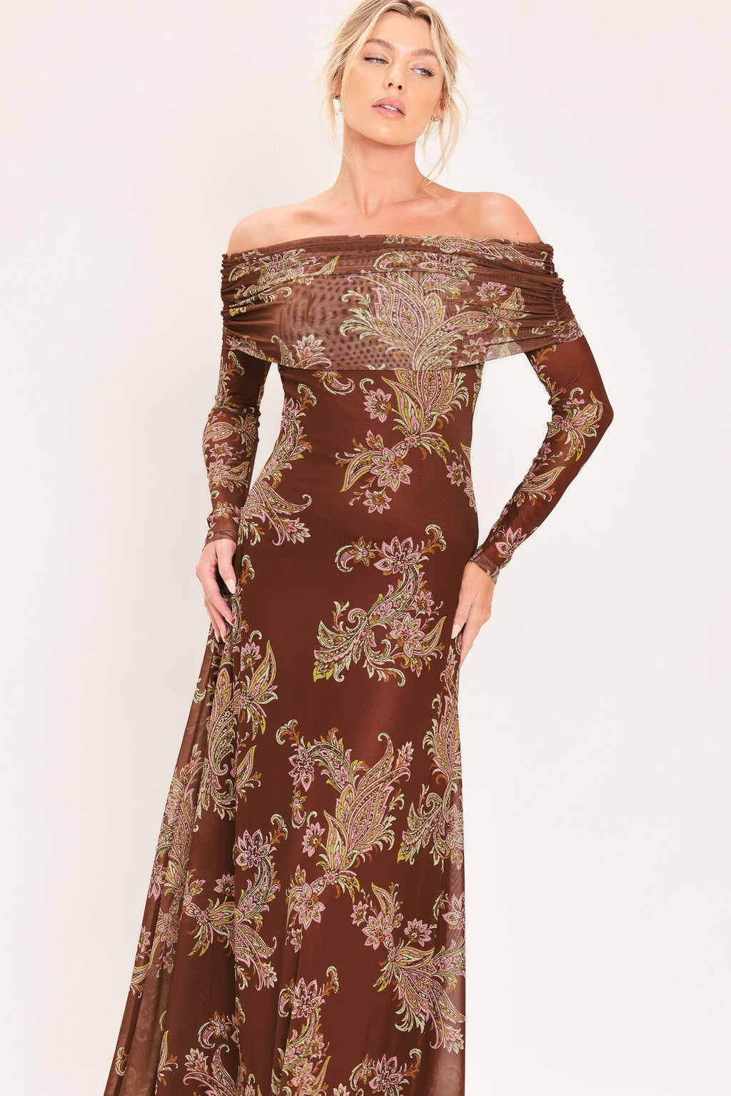 Burnt Sienna Serenade Power Mesh Maxi Dress