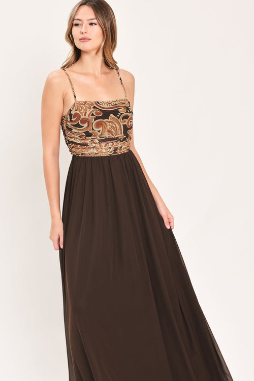 Autumn Arabesque Kiss Power Mesh Maxi Dress