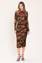 Russet Floral Elegance Power Mesh Midi Dress
