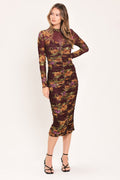 Russet Floral Elegance Power Mesh Midi Dress