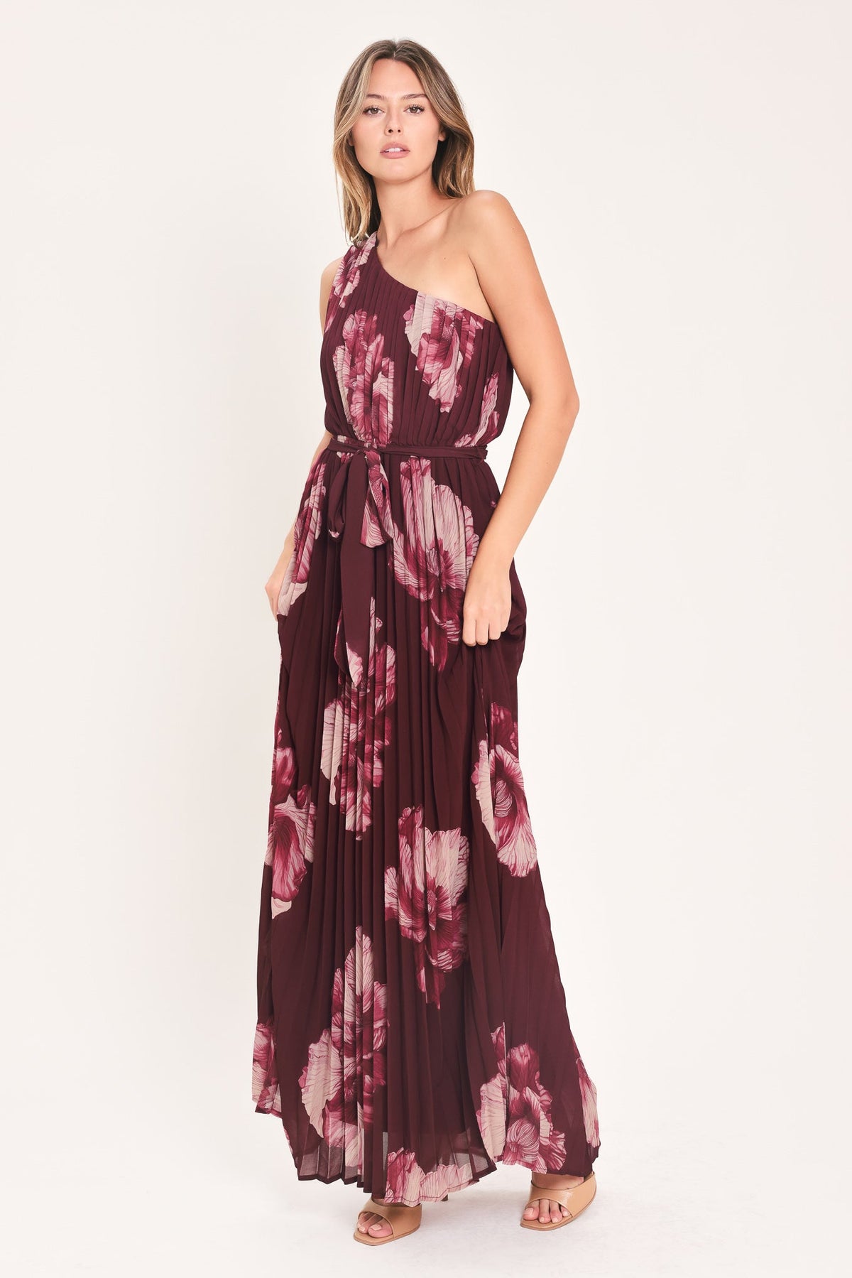 Crimson Affair Burgundy Pleated One-Shoulder Maxi Dress